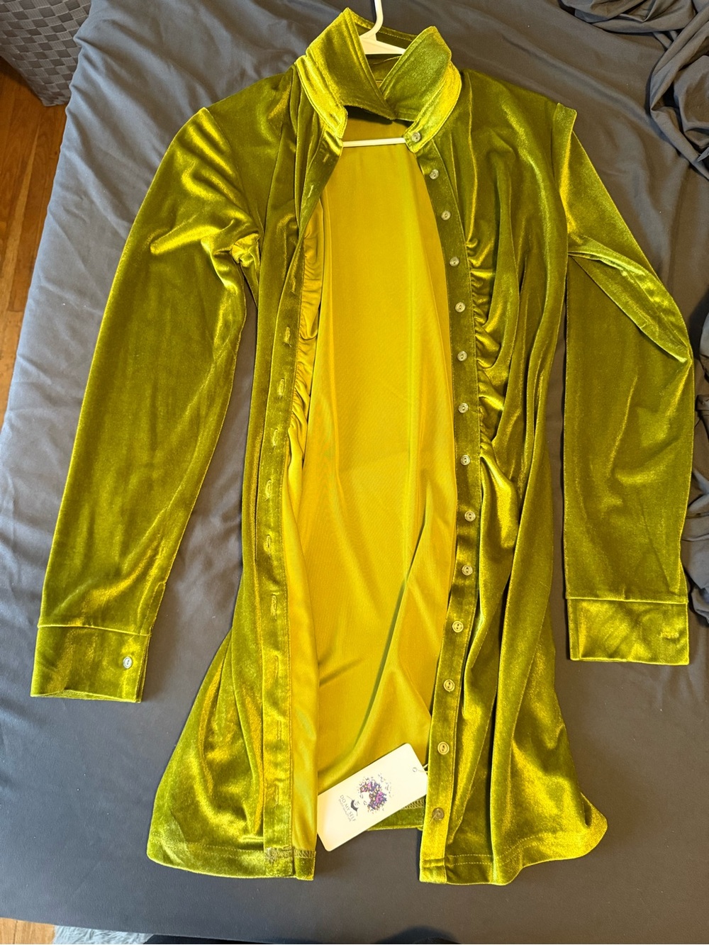 Velvet Longline Button-Up Jacket in Olive Green